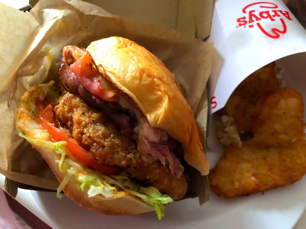 Arby's King's Hawaiian Big Kahuna sandwich with potato cakes