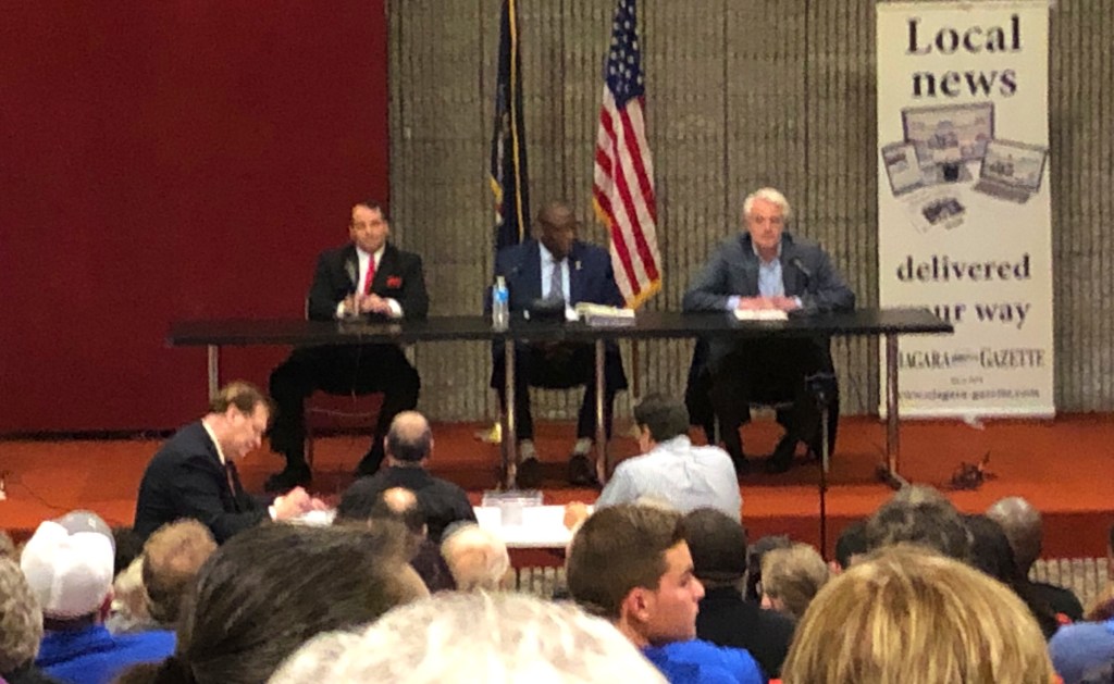 From left: Glenn Choolokian, Jeffrey Elder & Robert Restaino at the Niagara Falls Mayoral Debate. Niagara Falls Public Library.