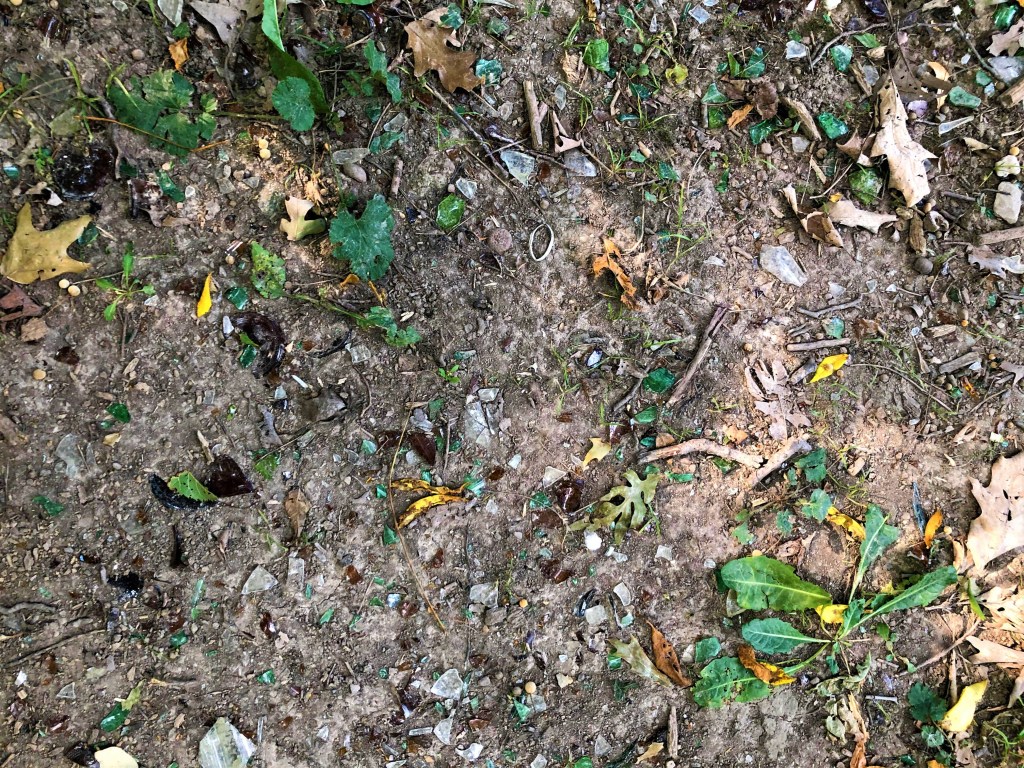 Shattered glass litters the area around Eliza Keig's grave.