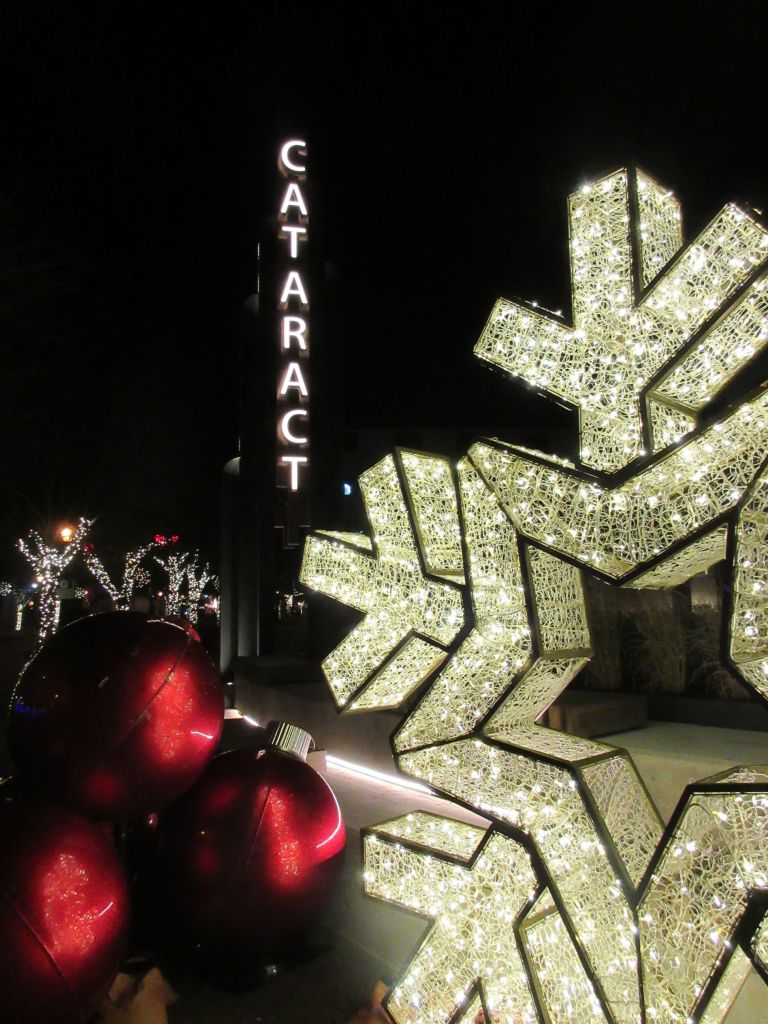 Snowflake and ornament sculptures at the new Cataract Commons in Niagara Falls, NY.