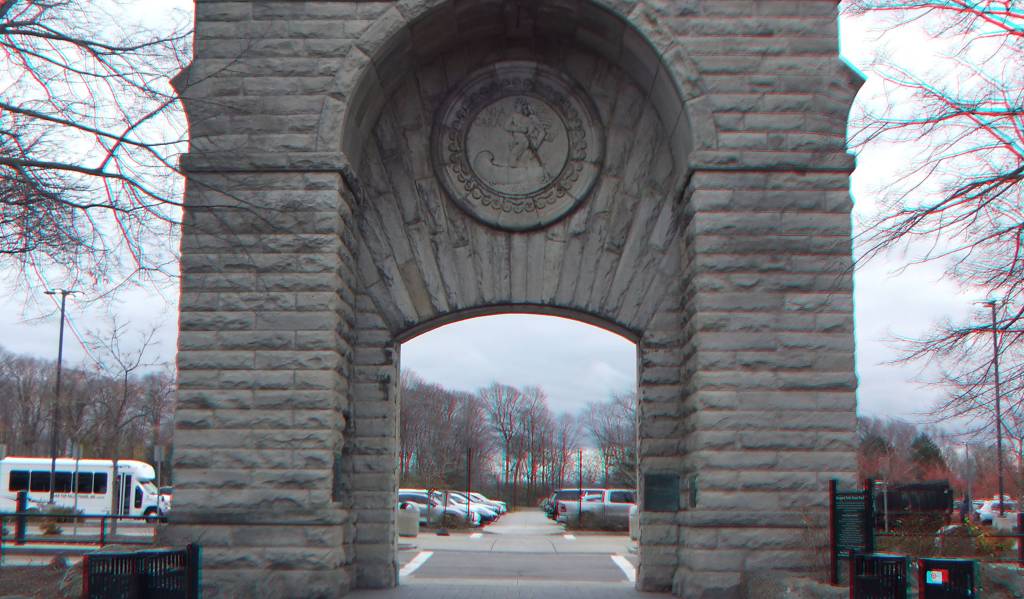 Anaglyph 3D image of Power Portal Archway on Goat Island, Niagara Falls State Park