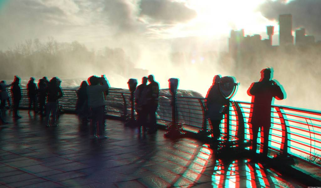 Anaglyph 3D image of tourists viewing the American Falls from Prospect Point, Niagara Falls State Park