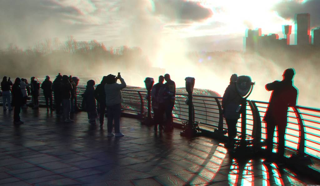 Anaglyph 3D image of tourists viewing the American Falls at Prospect Point, Niagara Falls State Park