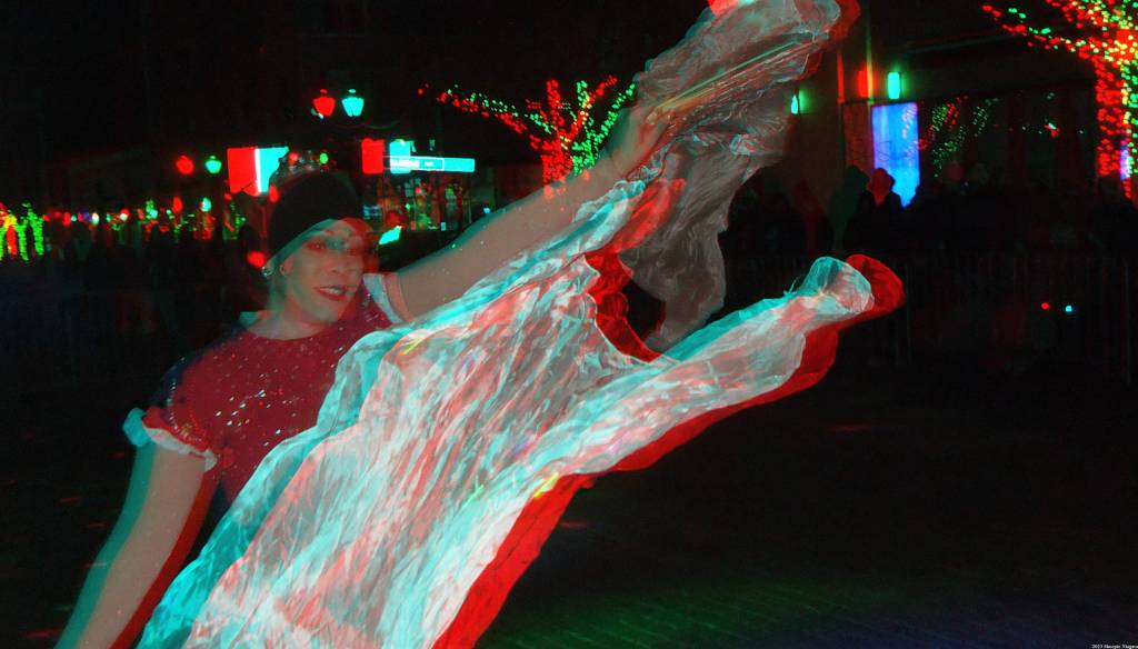 Anaglyph 3D view of a fire and light dance on Old Falls Street, Niagara Falls, NY