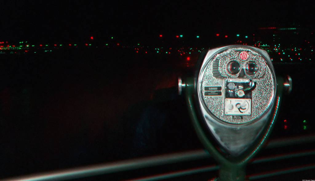 Anaglyph 3D image of nighttime Binoculars overlooking Stedman's Bluff, Goat Island, Niagara Falls State Park 