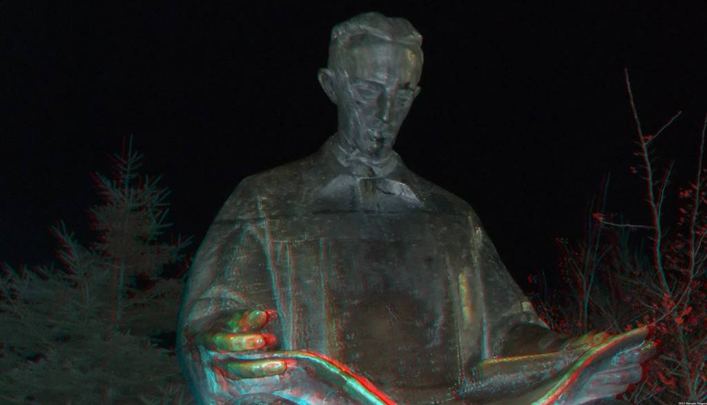 Anaglyph 3D image of Nikola Tesla Monument at Night, Goat Island, Niagara Falls State Park