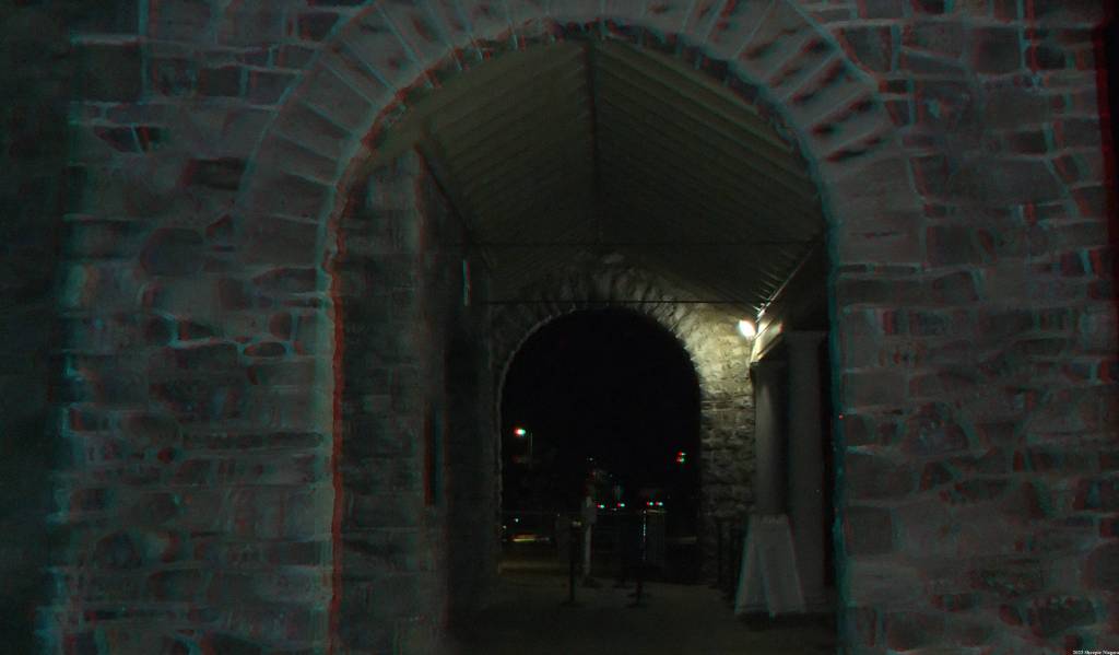 Anaglyph 3D image of Cave of the Winds building at night, Goat Island, Niagara Falls State Park