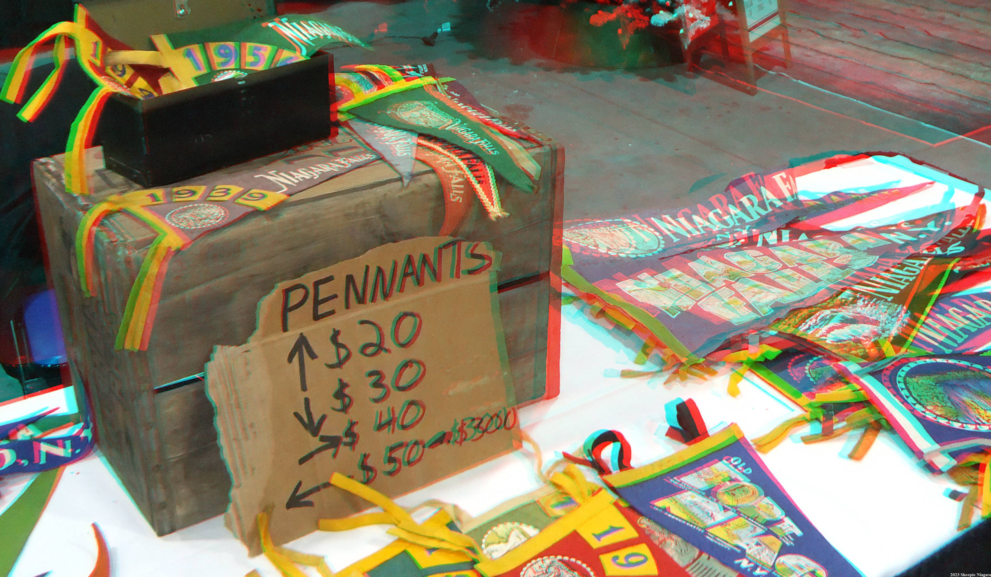 Anaglyph 3D view of vintage Niagara Falls pennants at the LiveNF Makers Market, Niagara Falls, NY