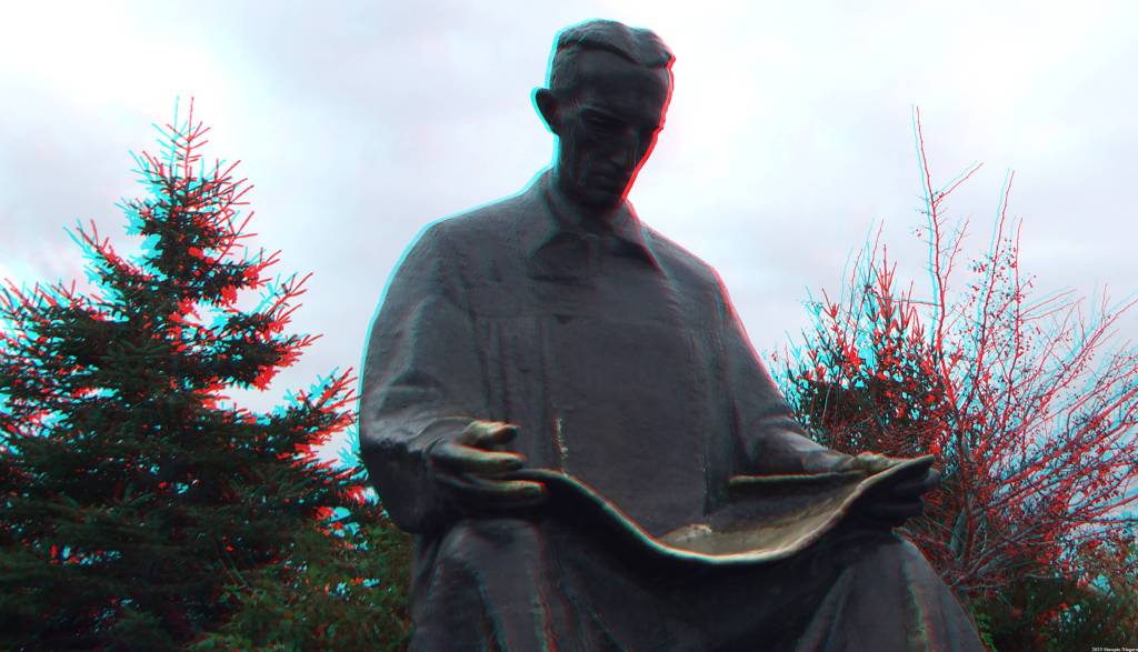 Anaglyph 3D image of Nikola Tesla Monument, Niagara Falls State Park