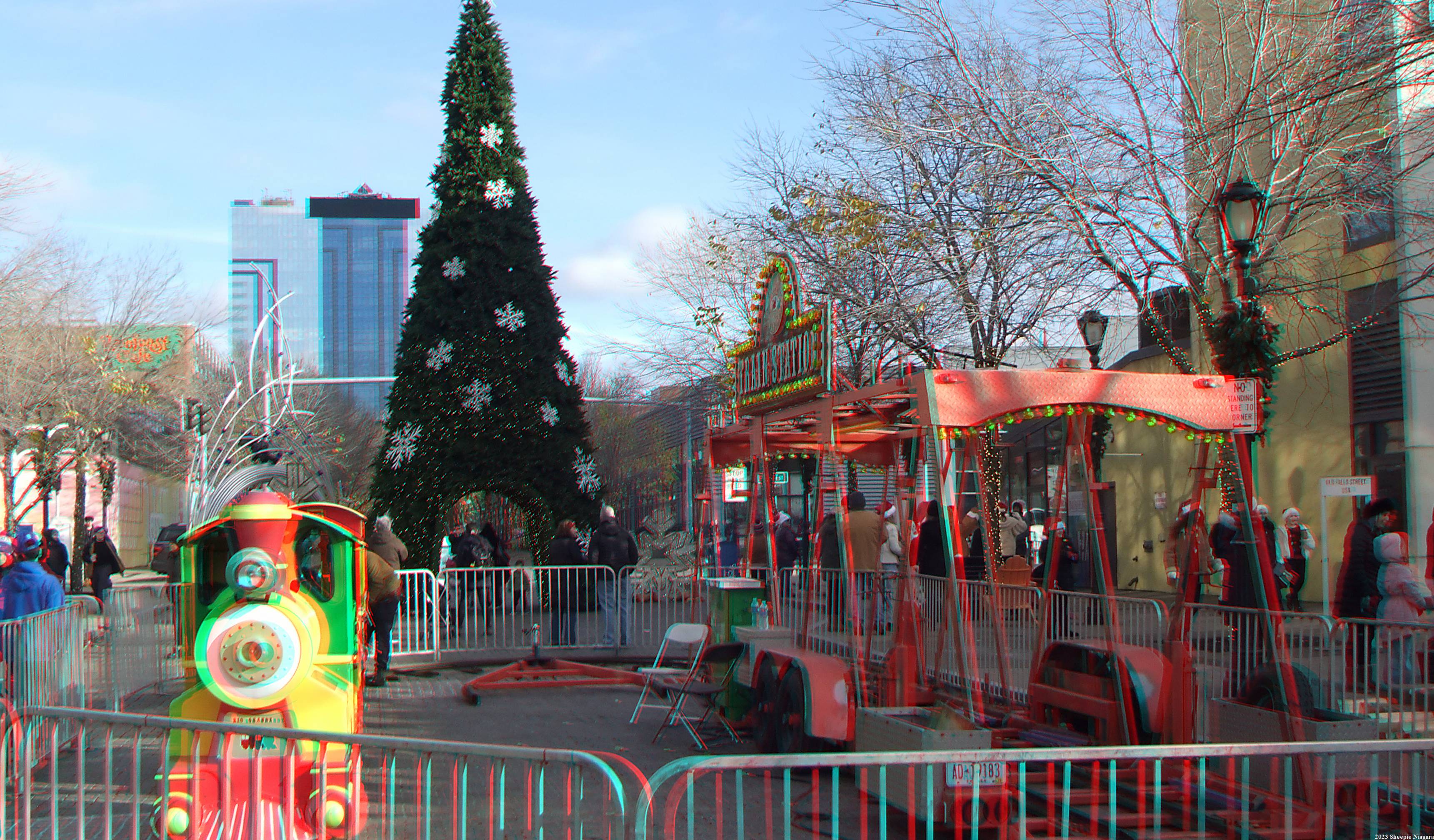 Anaglyph 3D view of a train ride on Old Falls Street during Jingle Falls, Niagara Falls, NY