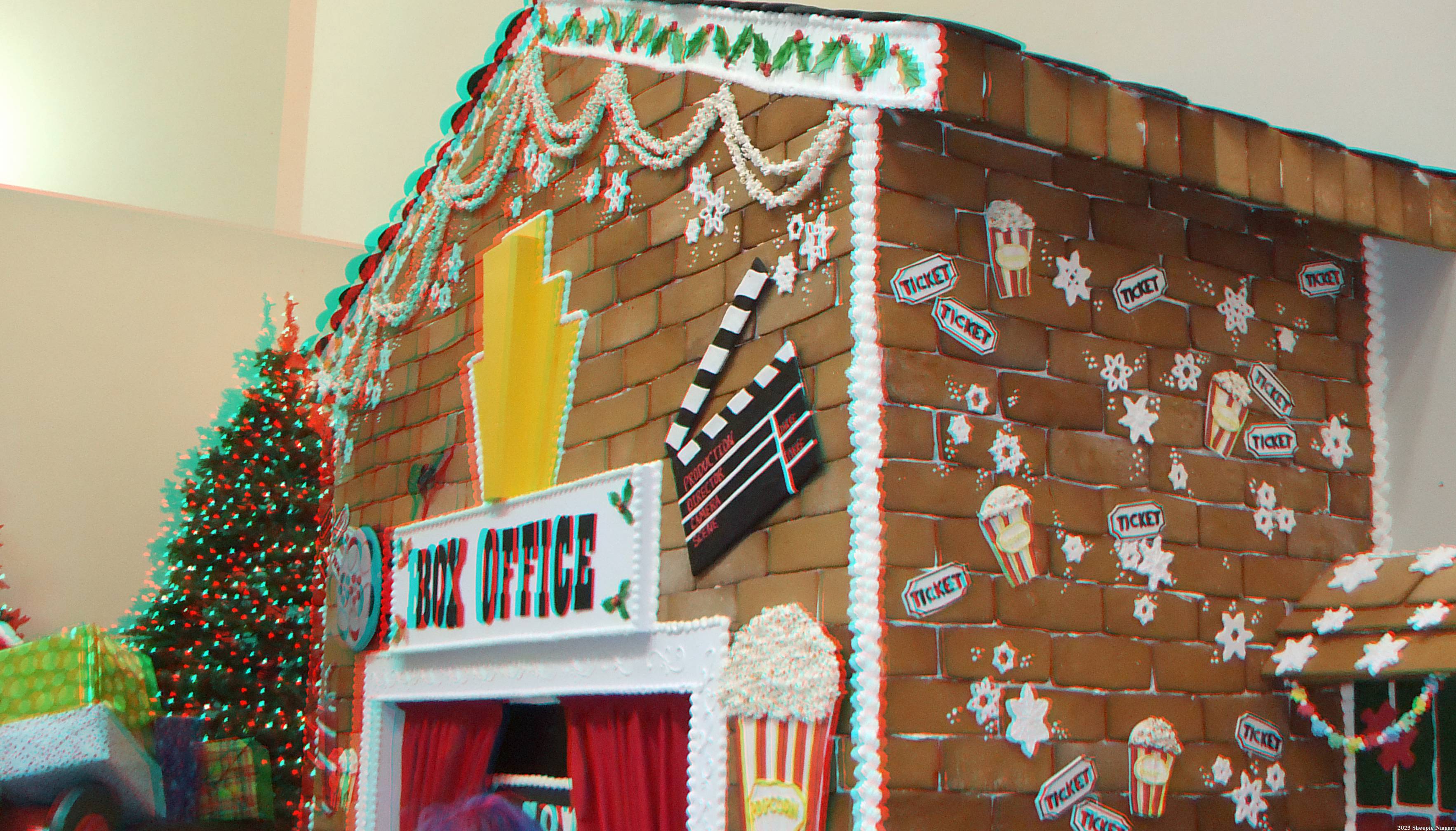 Anaglyph 3D view of a lifesized gingerbread house display at the Niagara Falls Culinary Institute, Niagara Falls, NY