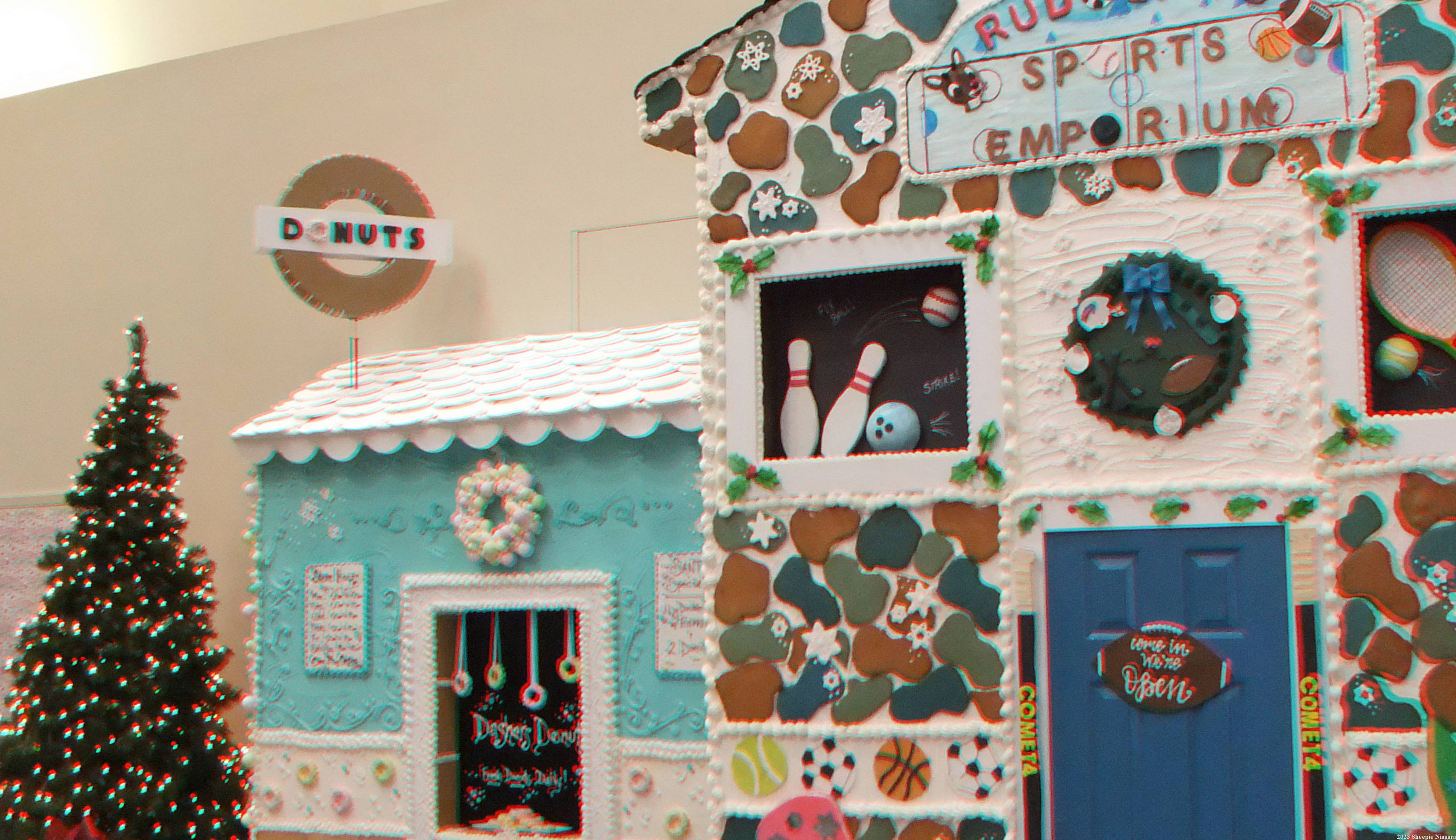 Anaglyph 3D view of a lifesized gingerbread house display at the Niagara Falls Culinary Institute, Niagara Falls, NY