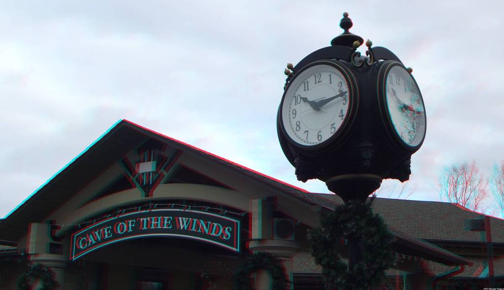 Anaglyph 3D image of Cave of the Winds entrance clock, Goat Island, Niagara Falls State Park