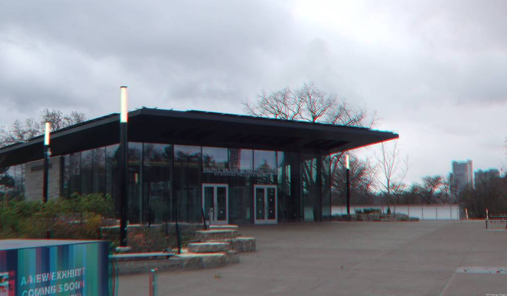 Anaglyph 3D image of the new Ralph C. Wilson Jr Niagara Falls Welcome Center at Prospect Point, Niagara Falls State Park
