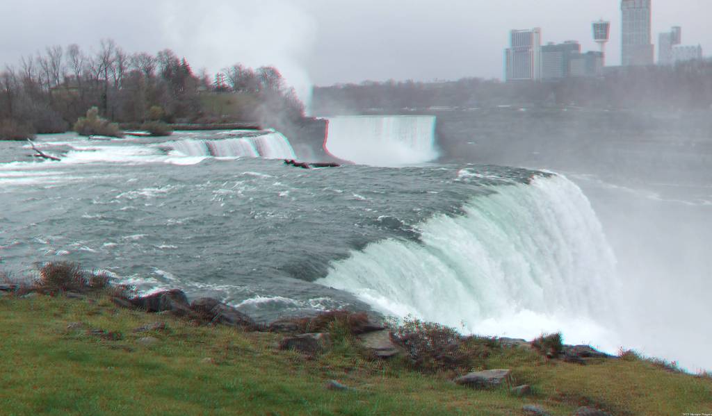 Anaglyph 3D image of the American Falls from Prospect Point, Niagara Falls State Park