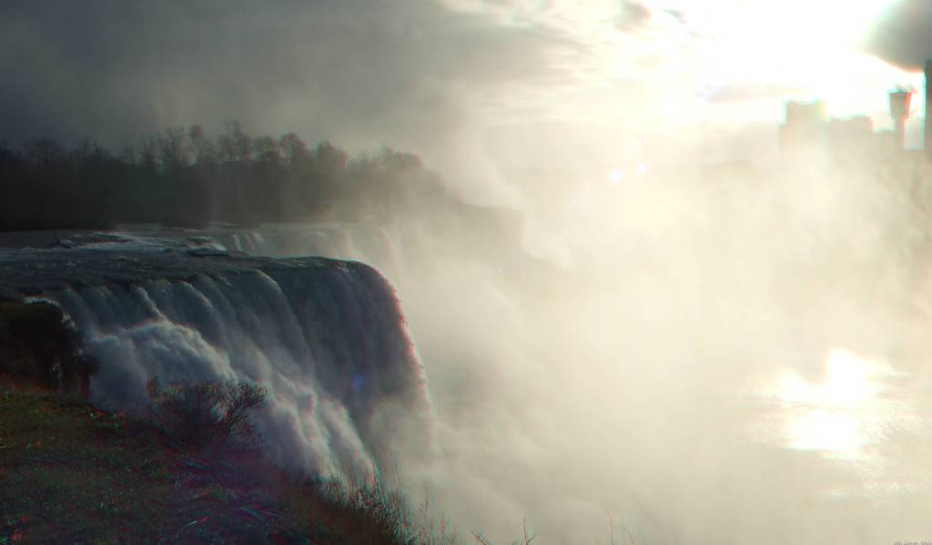 Anaglyph 3D image of the American Falls from Prospect Point at golden hour, Niagara Falls State Park