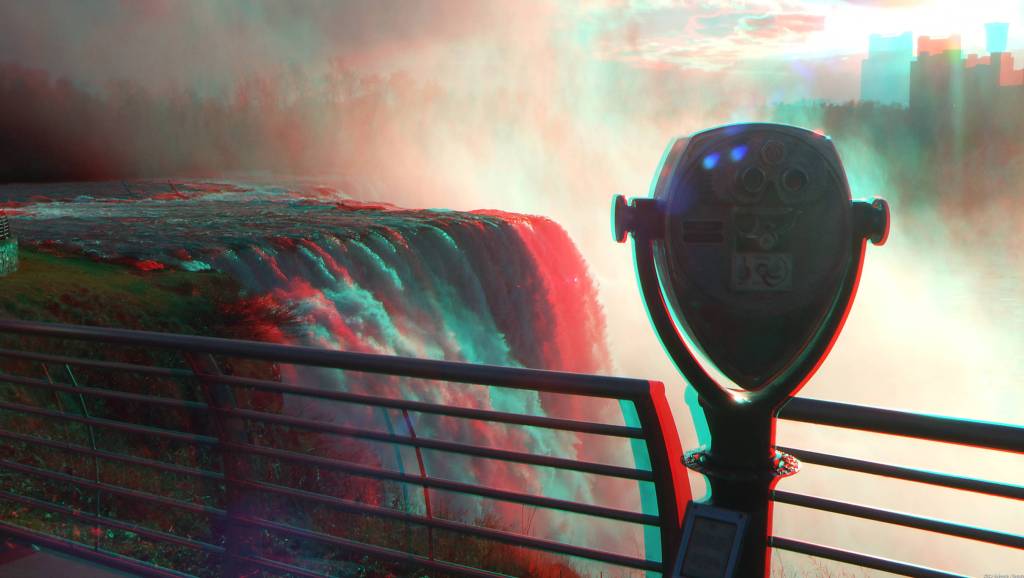 Anaglyph 3D image of Binoculars and American Falls at Prospect Point, Niagara Falls State Park